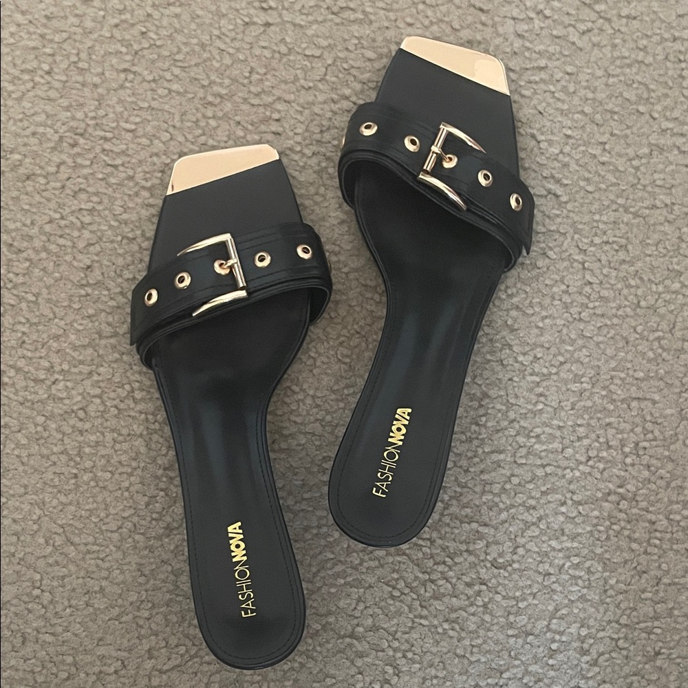 Fashion Nova Black Slide Mules with Gold Toe and Buckle